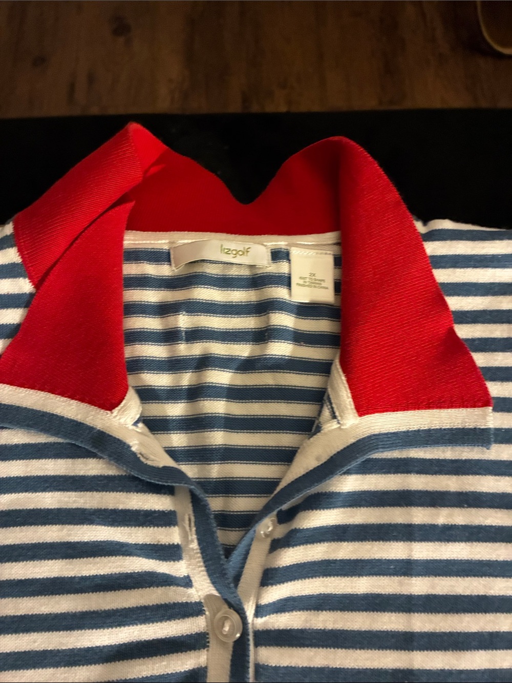 Sleeveless Striped Polo Top - Blue & White with Red Trim - Picture 3 of 5